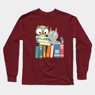 cat and owl reading book Long Sleeve T-Shirt